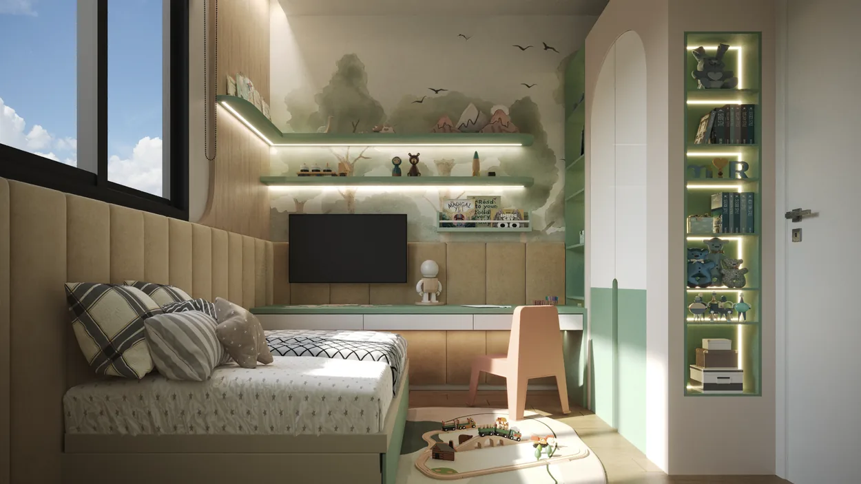 Perspectiva artística de quarto infantil decorado